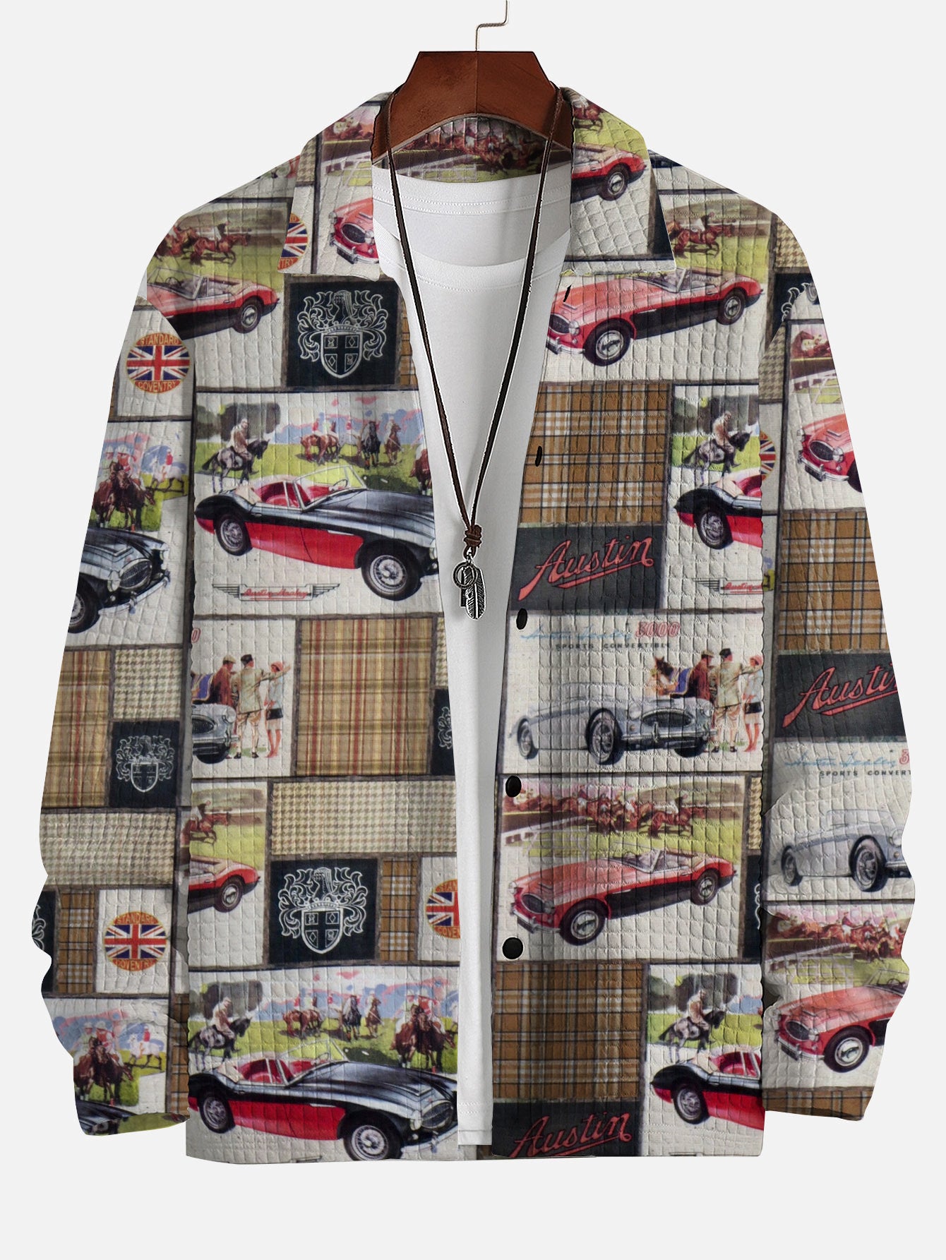 Men's Tweedy Austin Healey Logo Retro Cars Print Casual Buttoned Long Sleeve Shirt