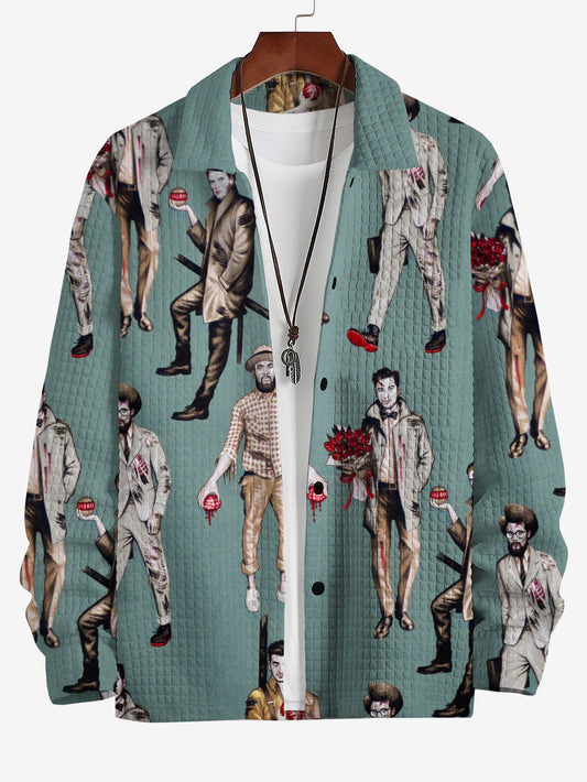Men's Amazing Brawn with Brains Zombie Dapper Guys Print Casual Buttoned Long Sleeve Shirt