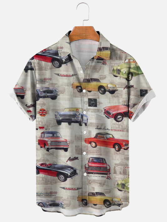 Men's Retro Car Print Soft & Breathable Short Sleeve Shirt