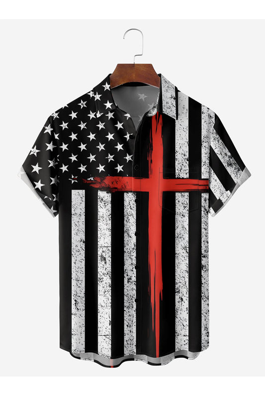 Flag Cross Chest Pocket Short Sleeve Casual Shirt