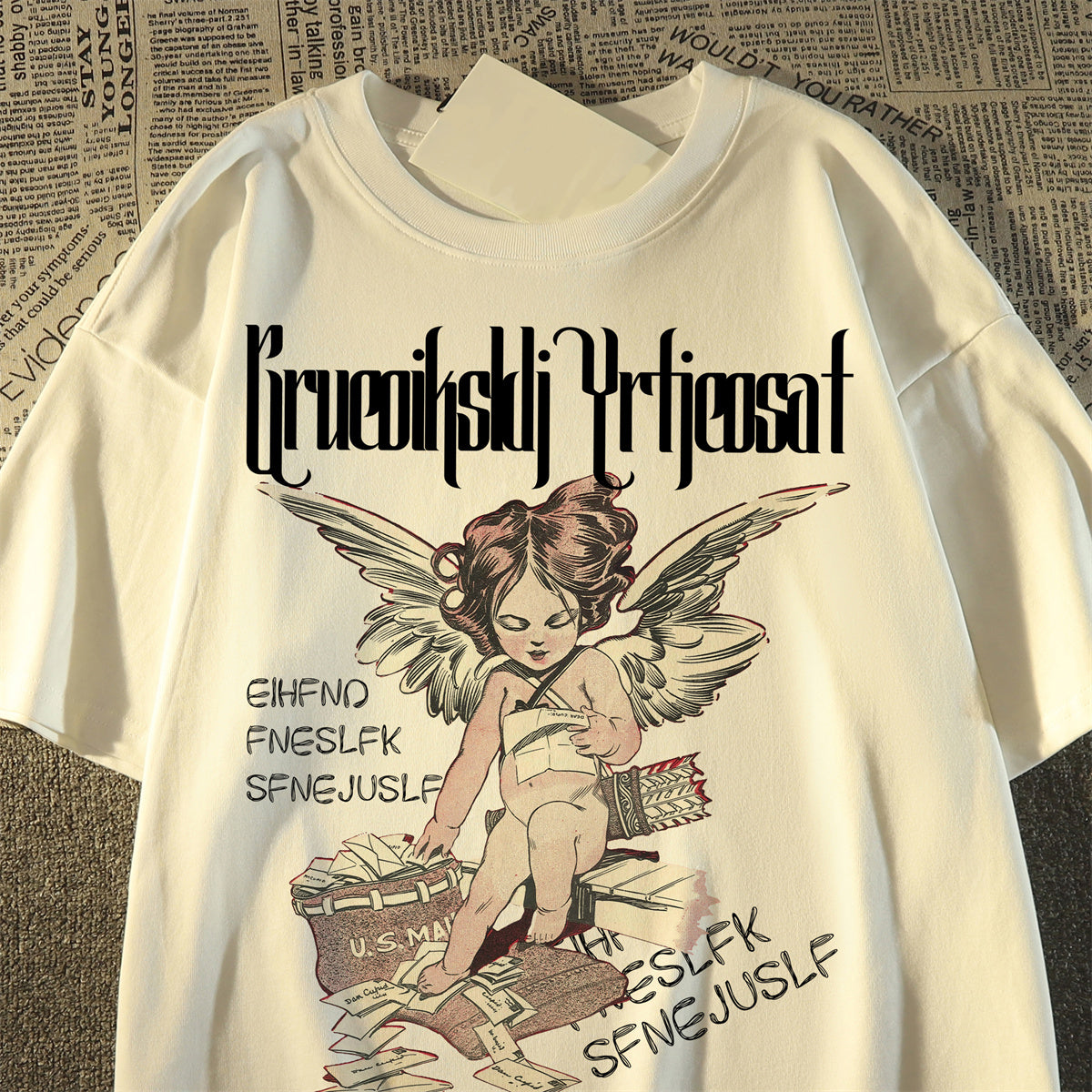 Unisex Retro little angel print round neck cotton T-shirt