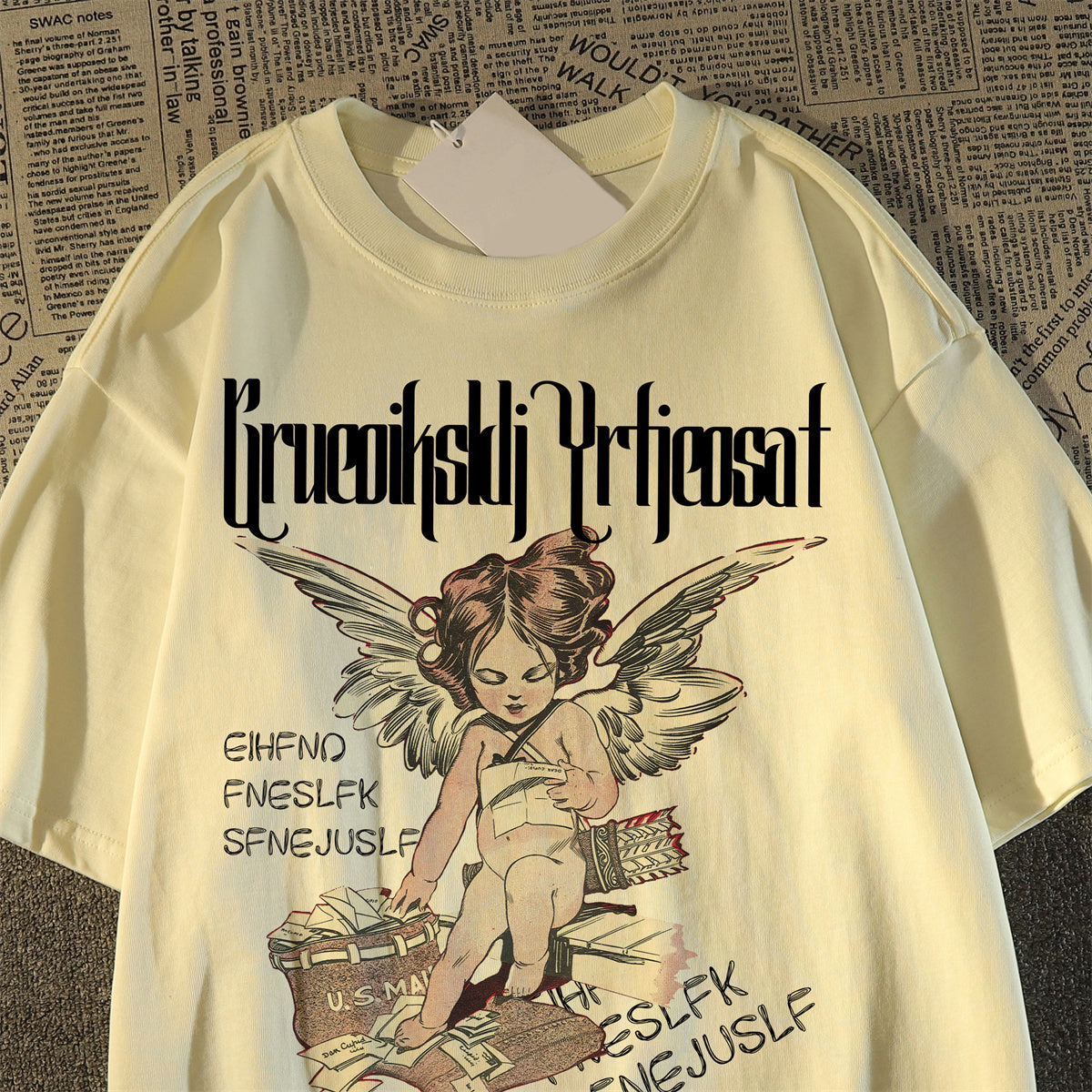 Unisex Retro little angel print round neck cotton T-shirt