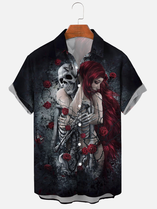 Couple with skulls and red roses hugging redheads Soft & Breathable Short Sleeve Shirt