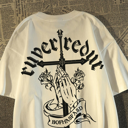 Unisex Vintage Cross Hands Prayer Pure Cotton Short Sleeve T-shirt