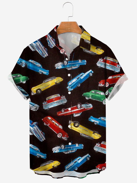 Men's Bright Tossed Classic Cars on Black Print Soft & Breathable Short Sleeve Shirt