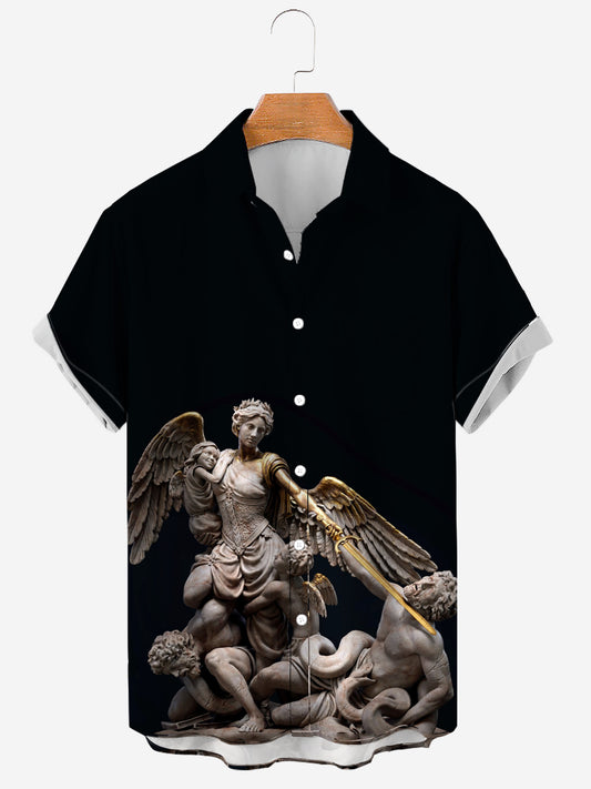 Men's Large Saint St Michael Archangel Defeated Lucifer Printing Soft & Breathable Short Sleeve Shirt
