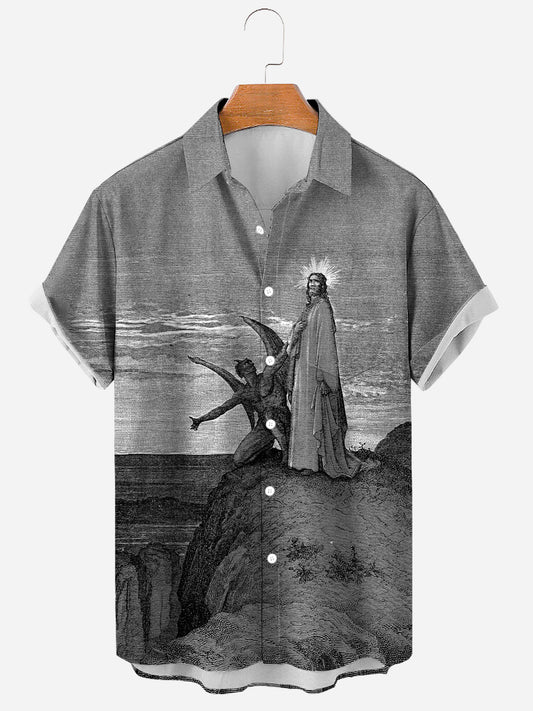 Men's The temptation of Christ” Jesus leads into the desert is tempted by the devil Illustration Printing Soft & Breathable Short Sleeve Shirt