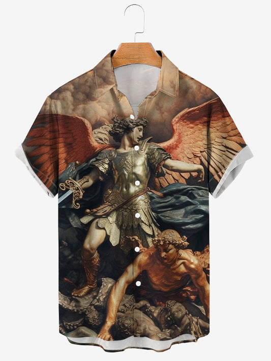 Men's St.Michael Vanquishing Satan Print Soft & Breathable Short Sleeve Shirt