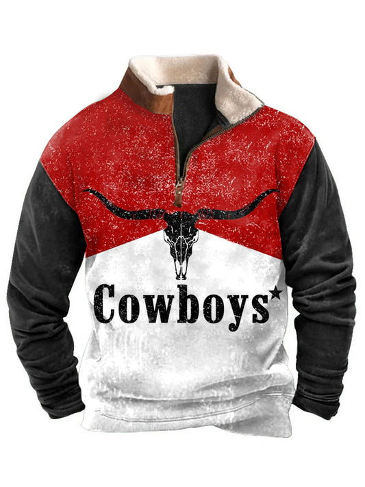 Men's Retro Western Cowboys Print Half-Zip Sweatshirt