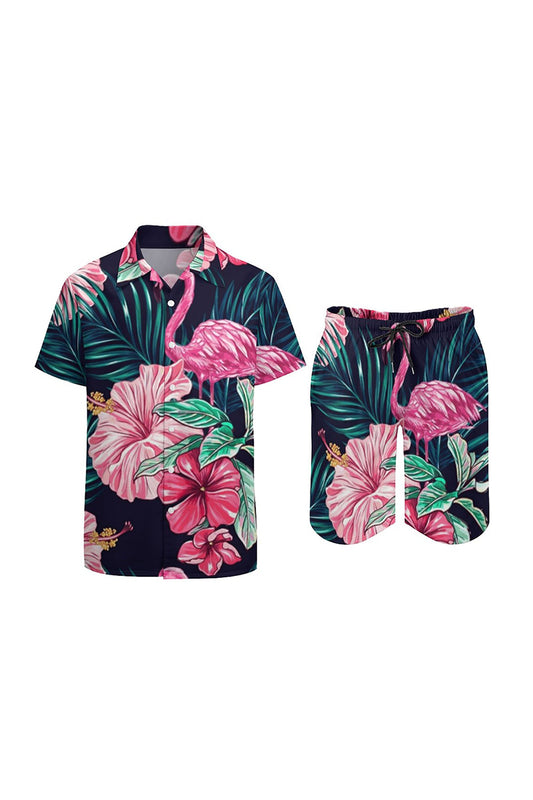 Flamingo print short-sleeved shirt and board shorts set