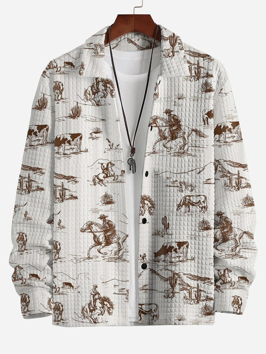 Men's Wild West Cowboy Ride Horse Desert Cactus Print Casual Buttoned Long Sleeve Shirt