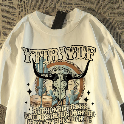 Unisex Retro hiphop cow head print cotton short-sleeved t-shirt