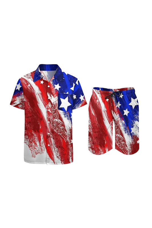 American flag printed short-sleeved shirt and board shorts set