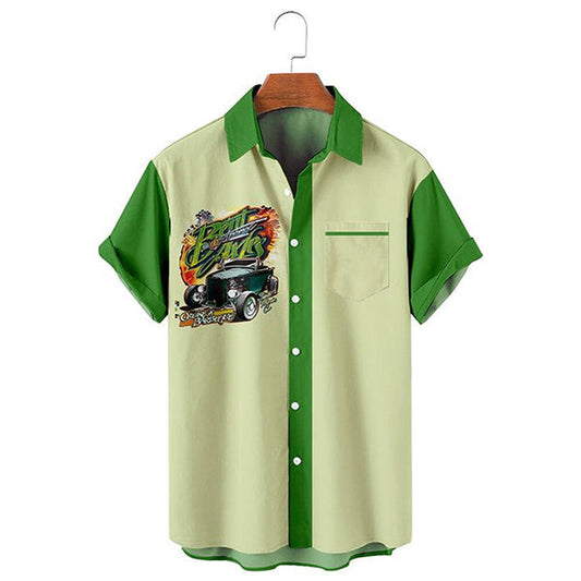 Vintage car Men's Casual Stand Collar Soft & Breathable Short Sleeve Shirt