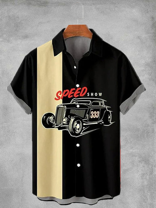 Vintage car Men's Casual Stand Collar Soft & Breathable Short Sleeve Shirt
