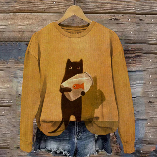 Vintage geschnittenes Katzen-Print-Sweater