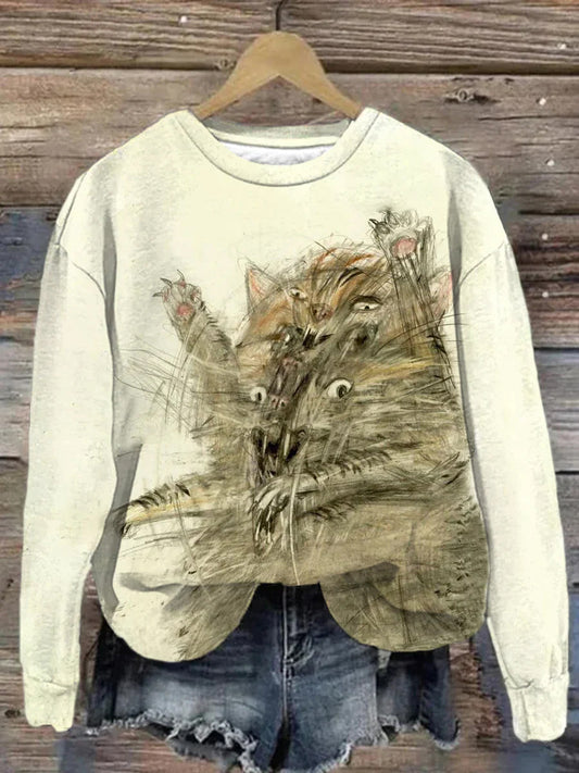 Vintage geschnittenes Katzen-Print-Sweatshirt