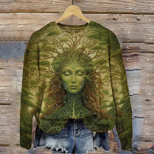 Unisex Forest Goddess Art Illustration Printed Casual Sweater