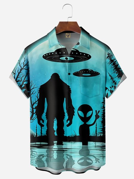 Alien and bigfoot moon Men's Casual Stand Collar Soft & Breathable Short Sleeve Shirt