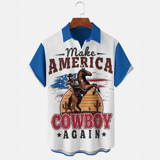 AMERICA COWBOY AGAIN Men's Casual Stand Collar Soft & Breathable Short Sleeve Shirt