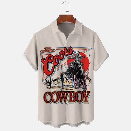 COW BOY Men's Casual Stand Collar Soft & Breathable Short Sleeve Shirt