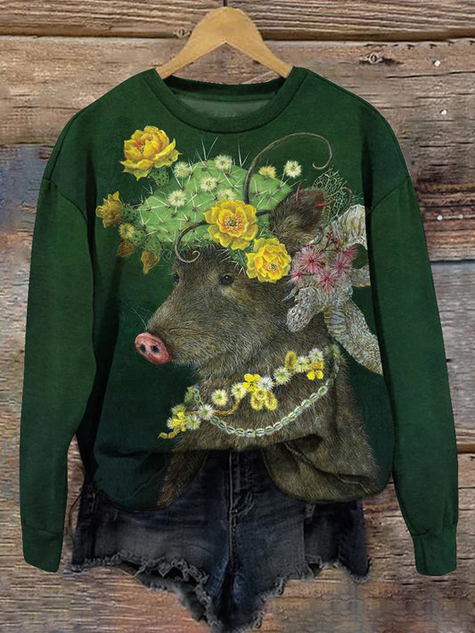 Pig wearing cactus flower fun artistic print Casual Sweatshirt