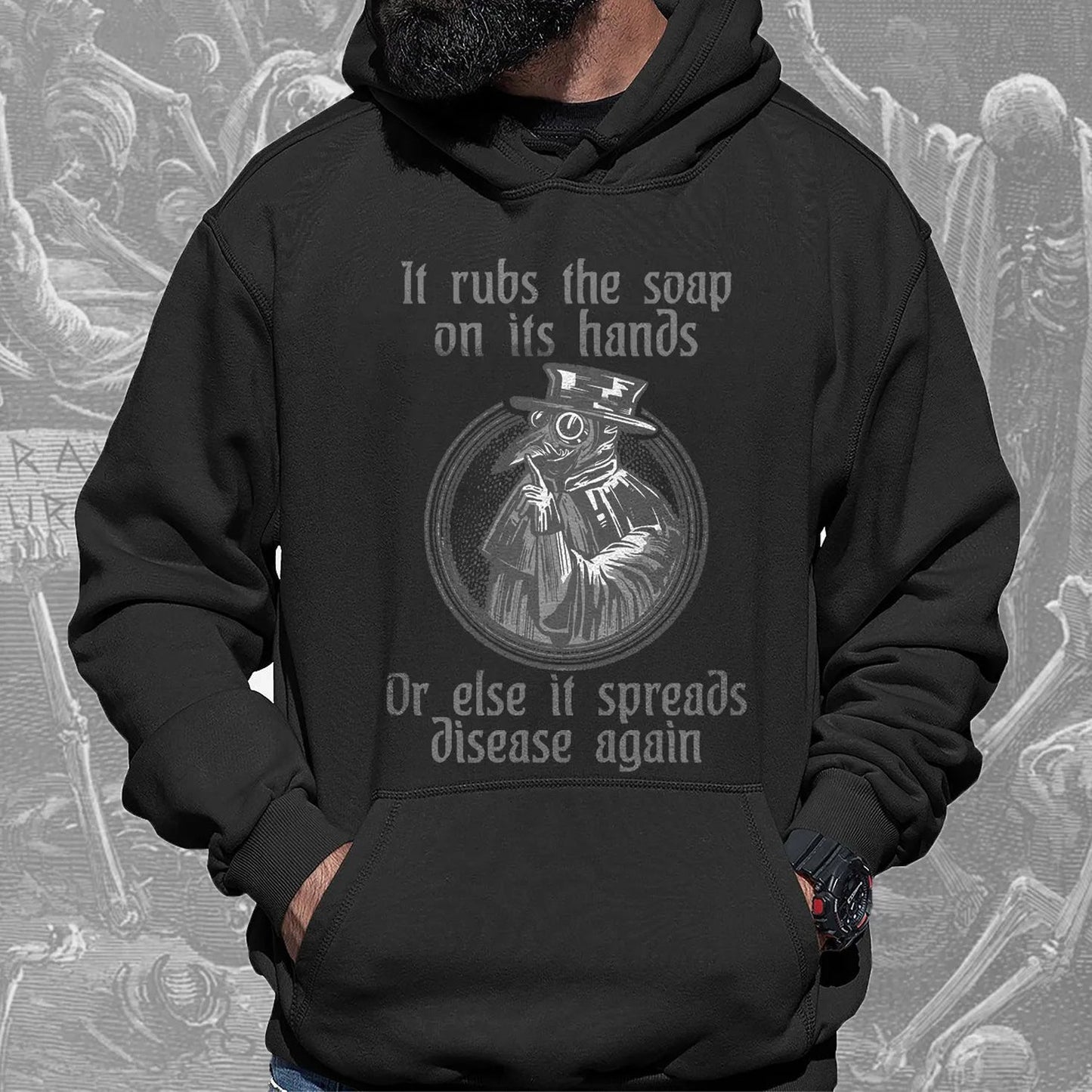 Men's Black Black Death Doctor Printed Hooded Sweatshirt
