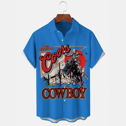 COW BOY Men's Casual Stand Collar Soft & Breathable Short Sleeve Shirt