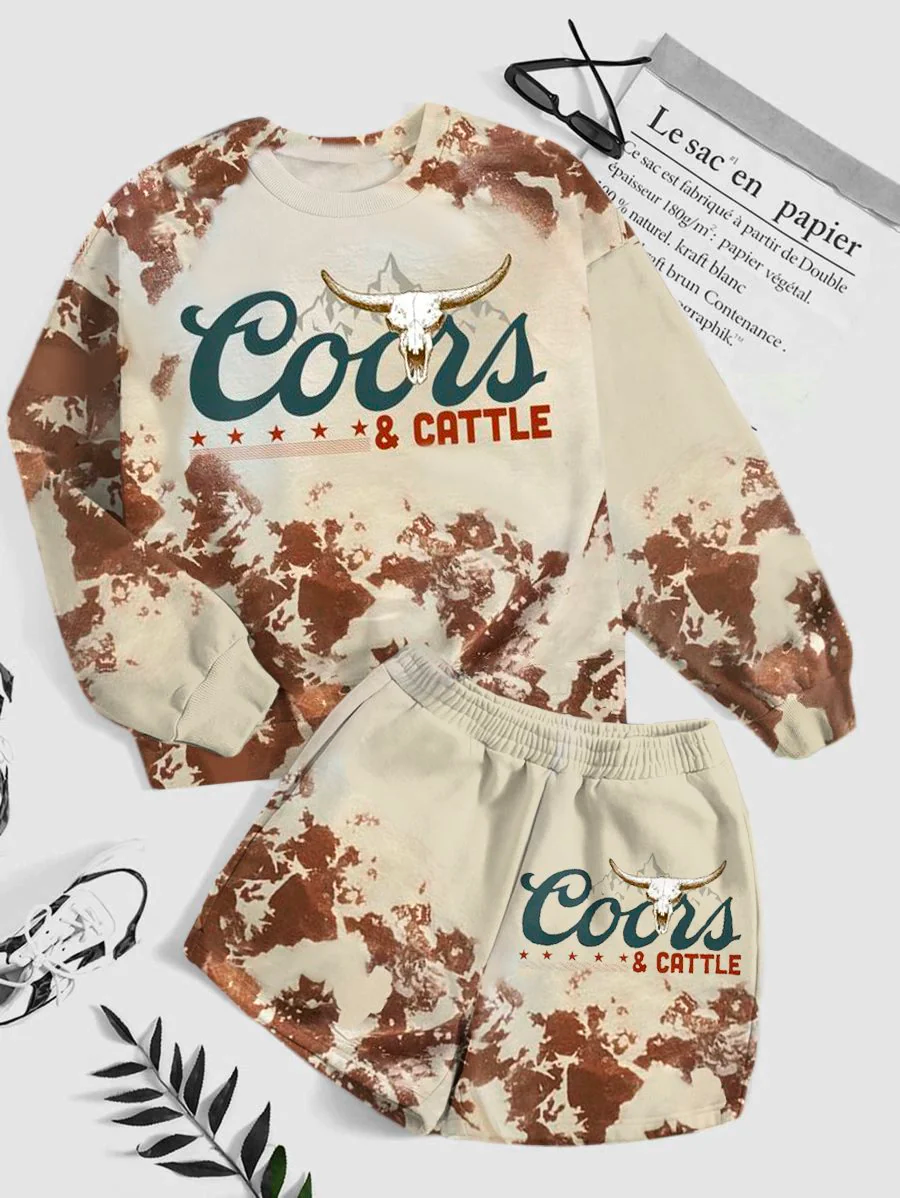 Women's Cows&Cattle Print  Sweatshirt & Shorts Set