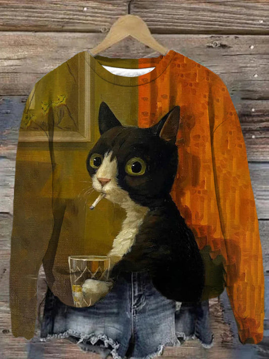 Vintage geschnittenes Katzen-Print-Sweatshirt